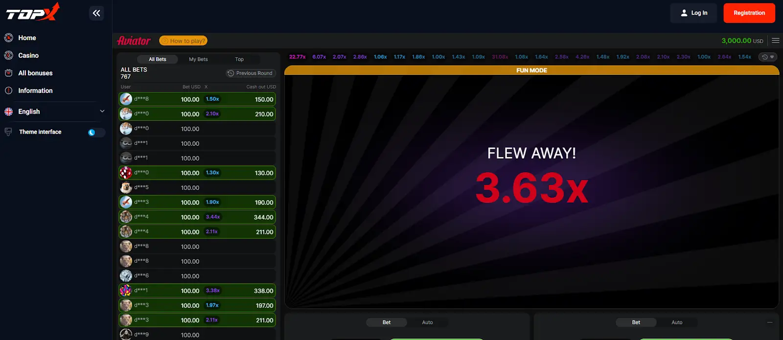 Aviator interface at TopX Casino