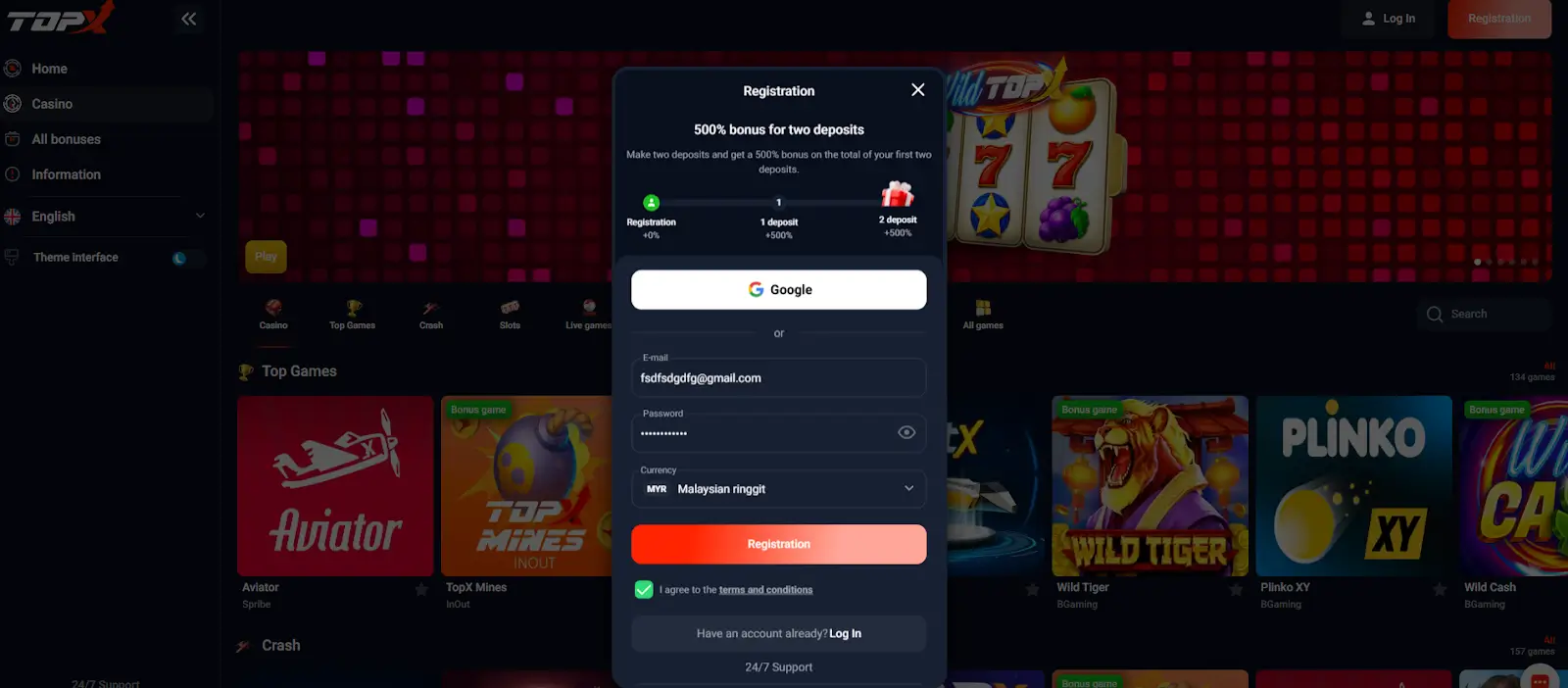 registering form at Top X Casino